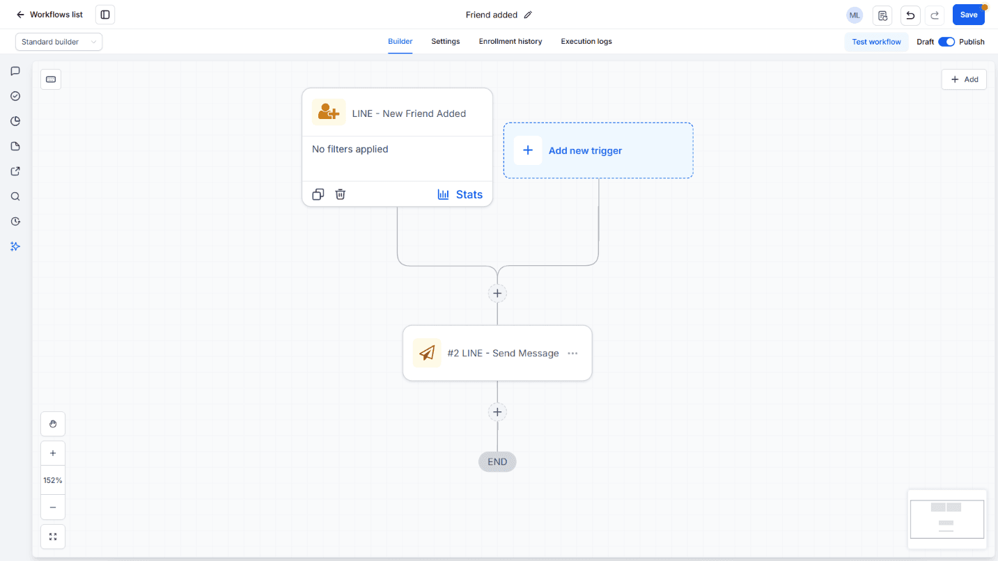 Workflow with the LINE new friend added trigger sending a LINE message