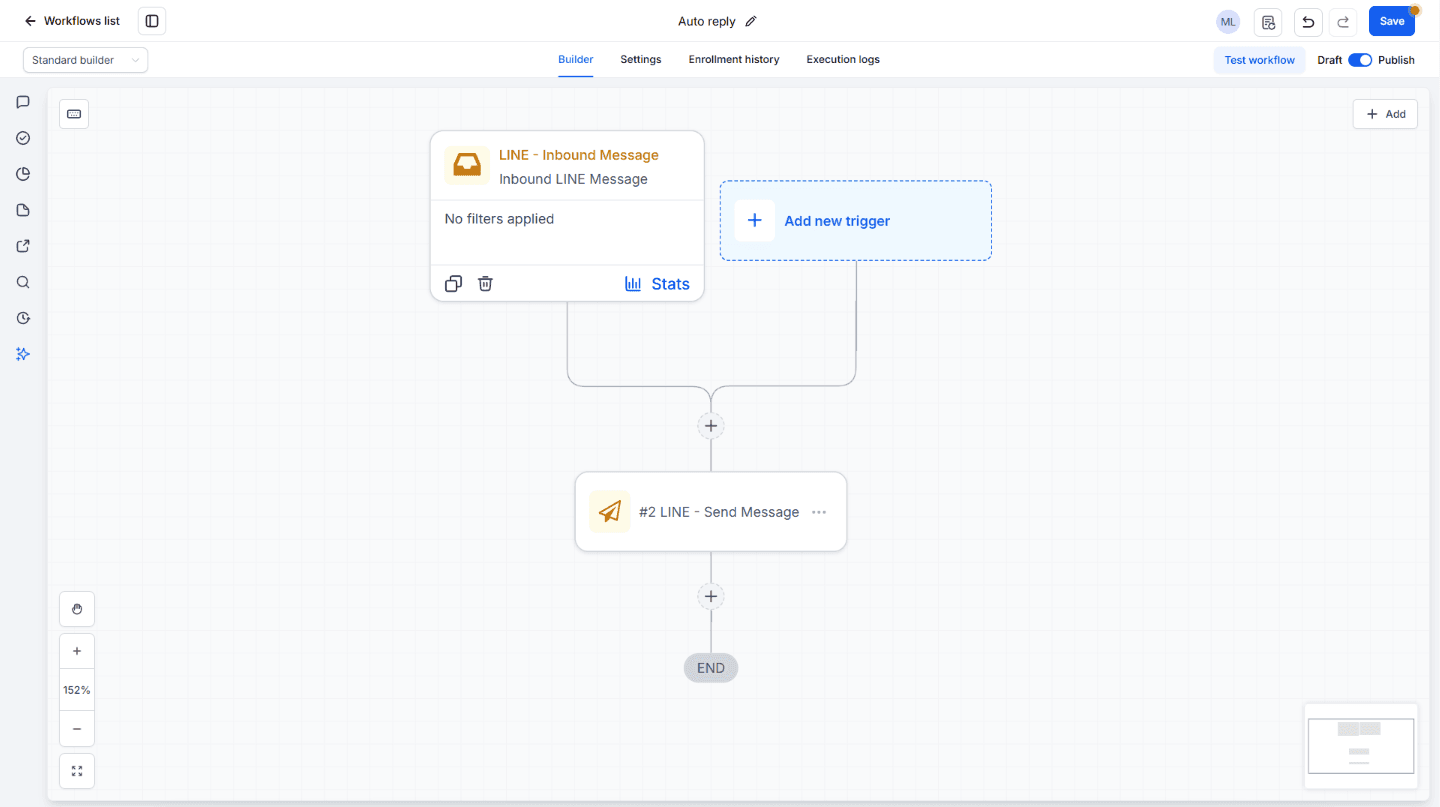 Workflow with the LINE inbound message trigger sending a LINE message
